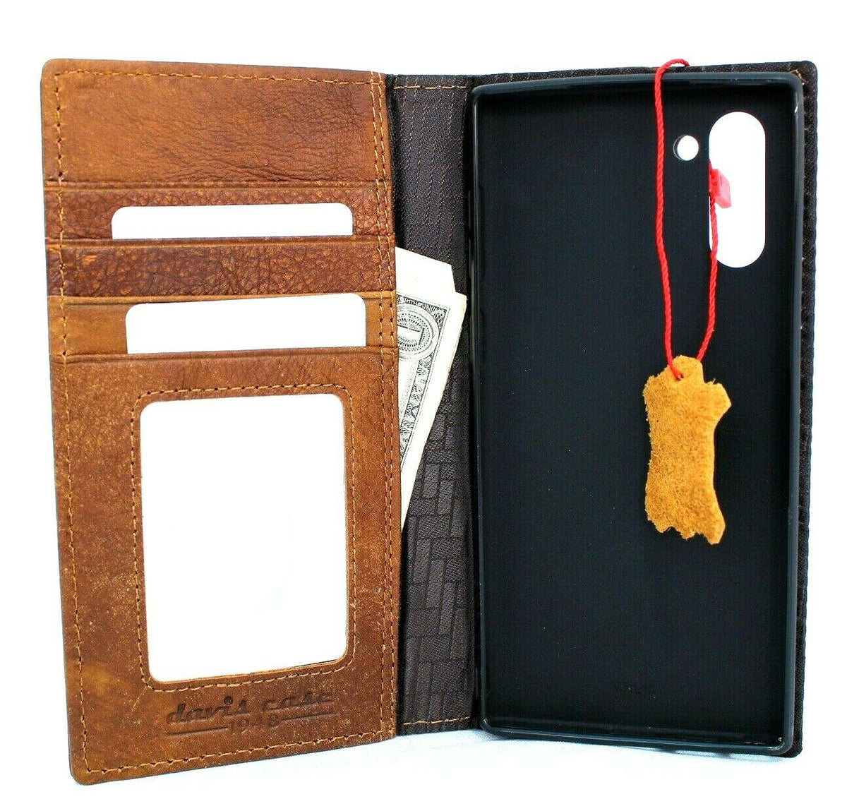 Handmade genuine leather Samsung Galaxy Note 10 wallet case with card slots, soft retro style, slim tan design, and book holder features.