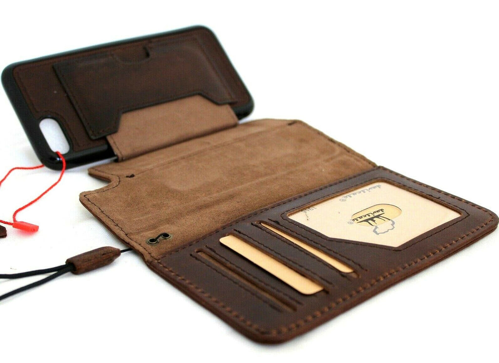 Genuine dark leather iPhone SE 2 2020 case by DAVISCASE with detachable wallet cover, card slots, ID window, and strap.