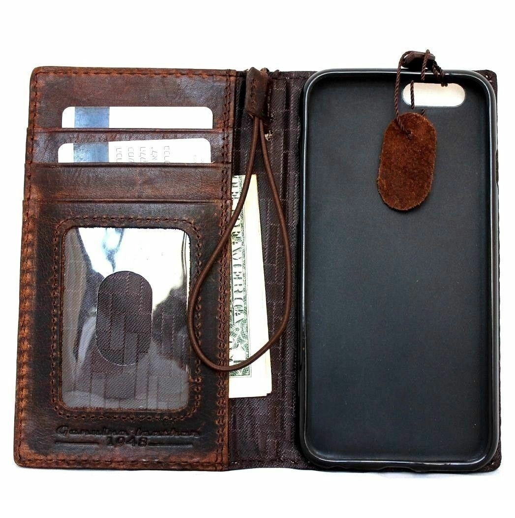 Brown genuine leather iPhone SE 2 case with wallet-style cover, card slots, slim design, suitable for wireless charging.