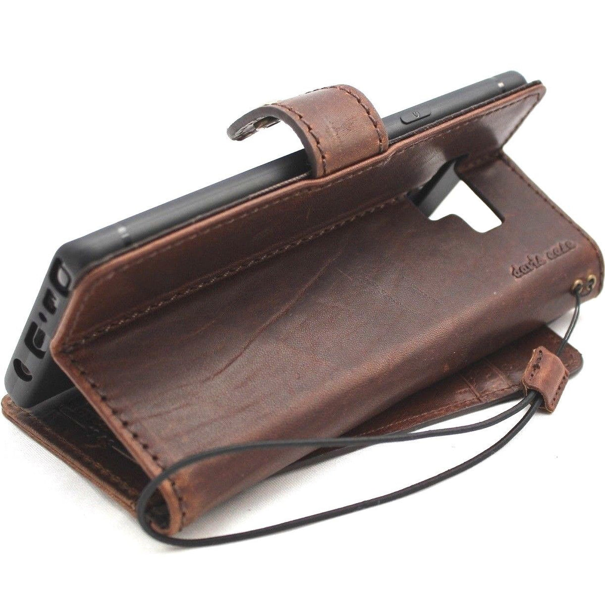 Genuine vintage leather Samsung Galaxy Note 9 wallet case by DavisCase with card slots, book-style cover, and wireless charging capability.