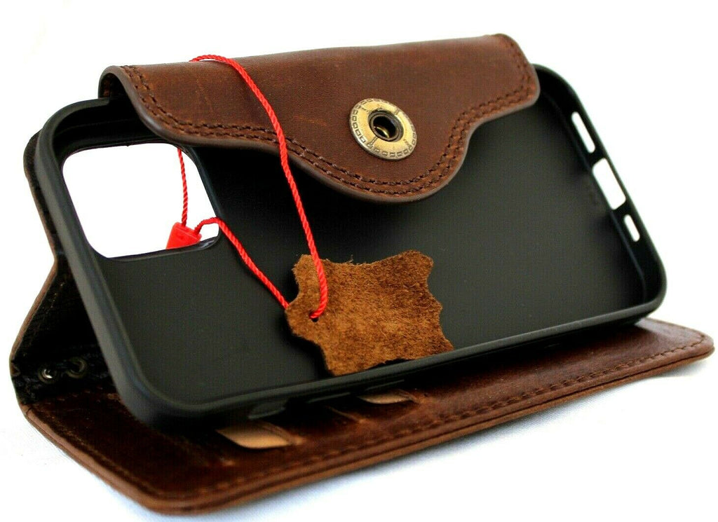 Handmade genuine dark leather iPhone 12 Pro case with credit card slots, soft closure, vintage style, DavisCase full grain leather cover.