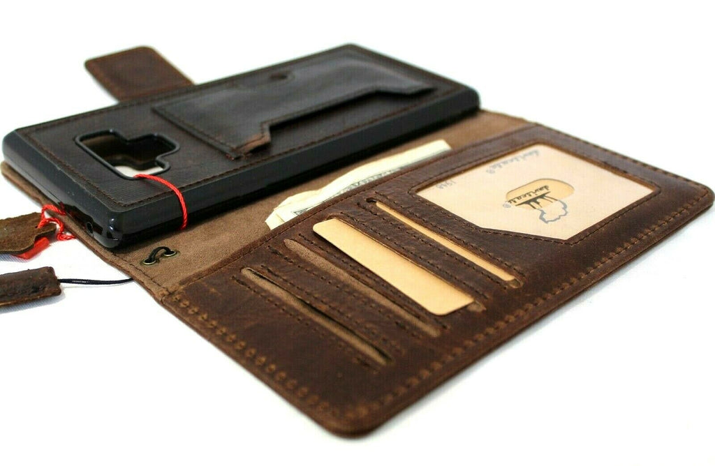 Genuine dark vintage leather Samsung Galaxy Note 9 wallet case by DAVISCASE with card slots, ID window, and soft detachable cover.