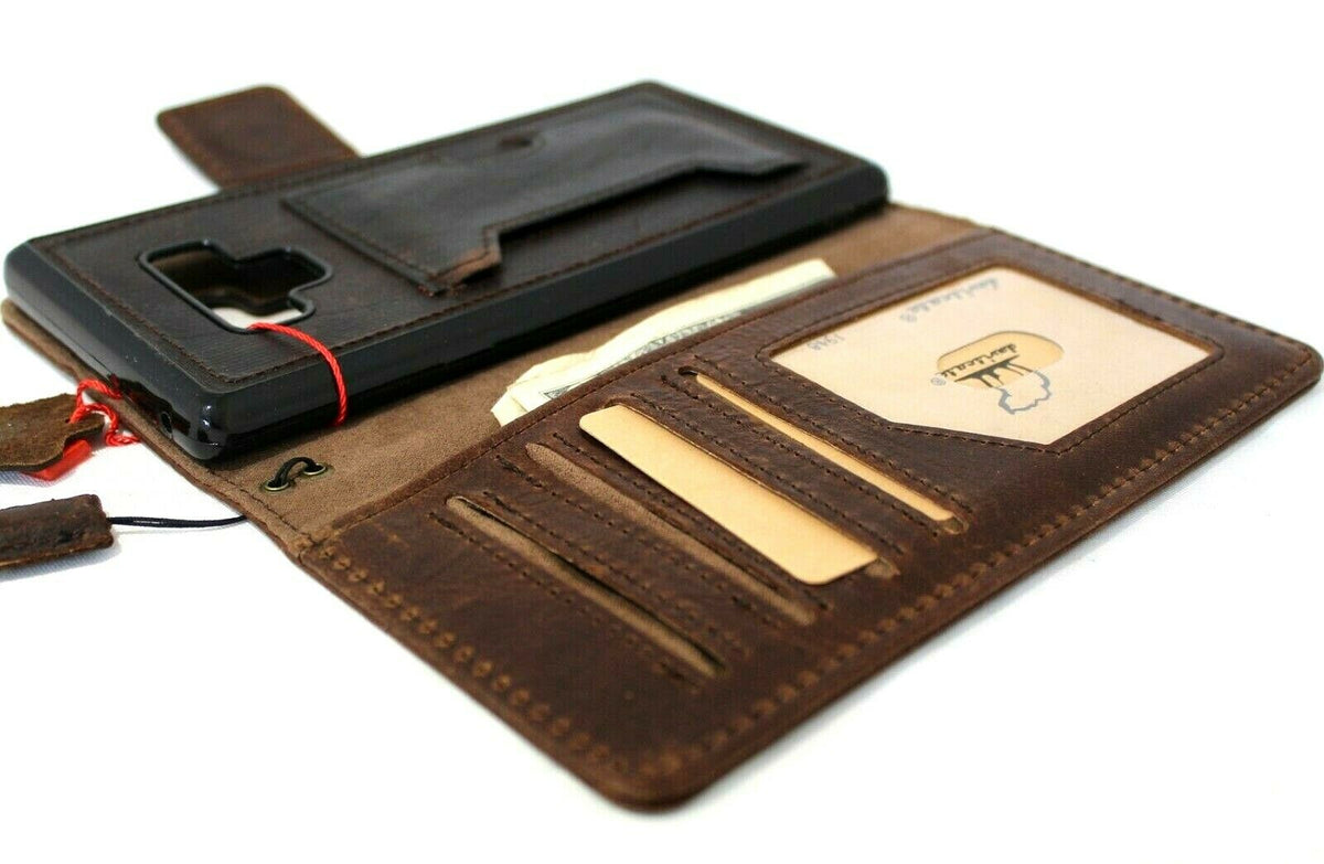 Genuine dark vintage leather Samsung Galaxy Note 9 wallet case by DAVISCASE with card slots, ID window, and soft detachable cover.