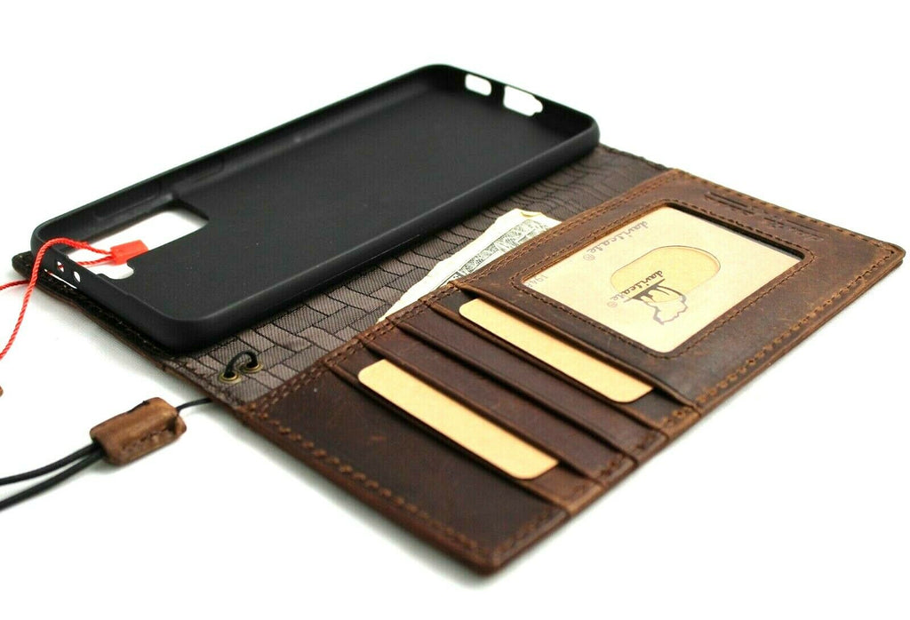 Genuine dark leather Samsung Galaxy S22 Plus 5G wallet case with ID window, card slots, wireless charging holder, by DAVISCASE
