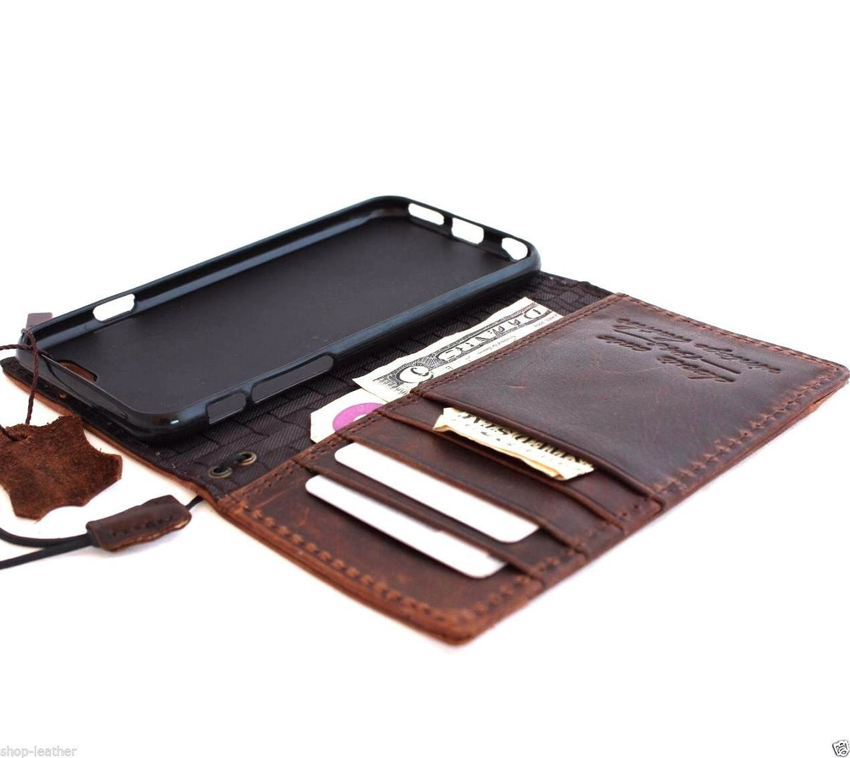 Handmade genuine Italian leather iPhone 6/6s case with wallet credit holder, featuring a sleek, durable design and card slots.