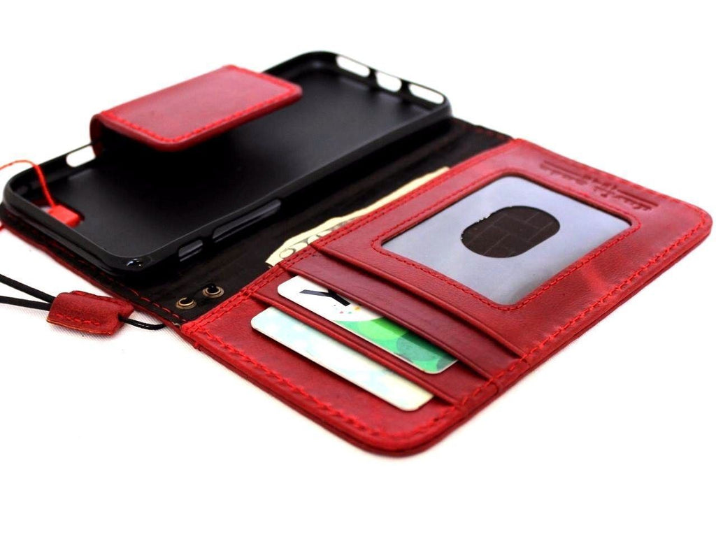 Red genuine full leather wallet case for iPhone 8 with card slots, magnetic closure, slim design, compatible with wireless charging.