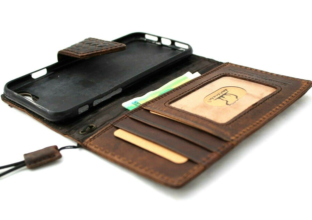 Genuine dark leather iPhone 8 magnetic case with wallet design, credit card slots, and luxurious handmade craftsmanship by DAVISCASE.