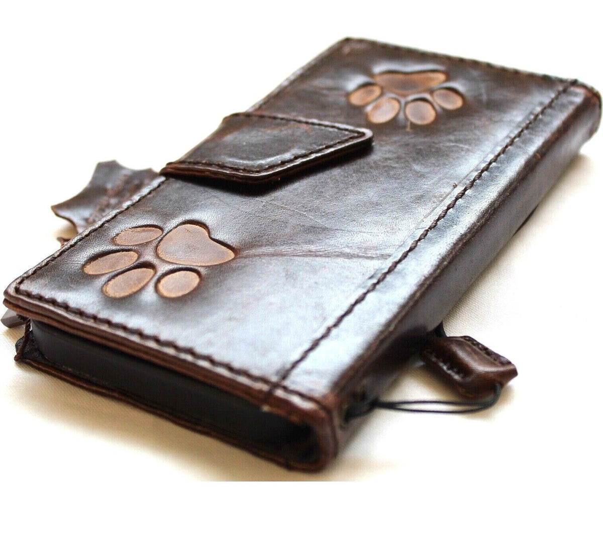 Handmade leather phone case for iPhone 11-15 Pro Max, 7-8 Plus, SE, XS with vintage dog paw, tiger stamping, credit card slots, dark style.