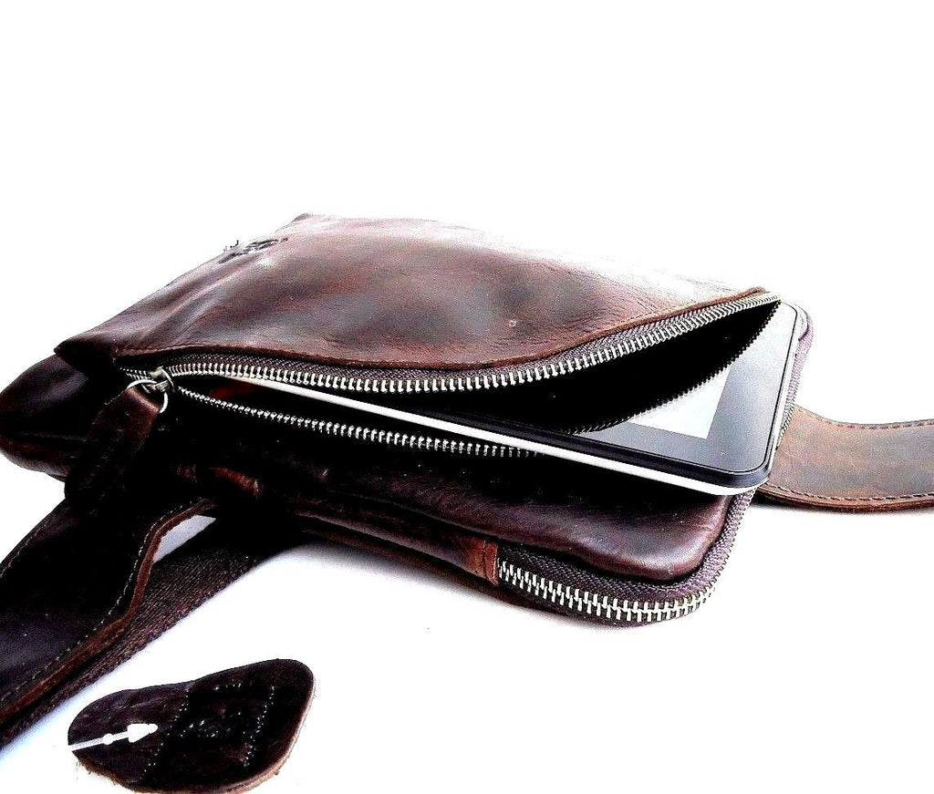 Brown genuine leather messenger bag for iPad, notebook, and student use, designed for men by DAVISCASE.