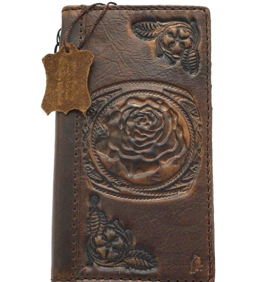 Handmade genuine leather phone case for Apple iPhone models with embossed rose flower design and credit card slots by DAVISCASE