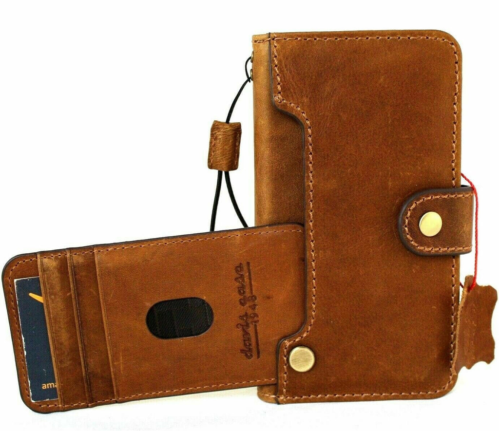Genuine soft tan leather iPhone 12 case by DAVISCASE with wallet-style design, ID window, credit card slots, vintage full grain leather