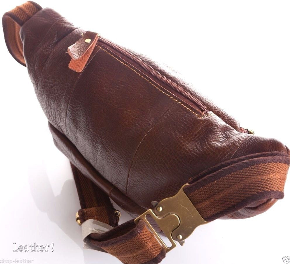 Men's genuine soft brown leather waist pouch bag with retro design and zipper closure from DAVISCASE.