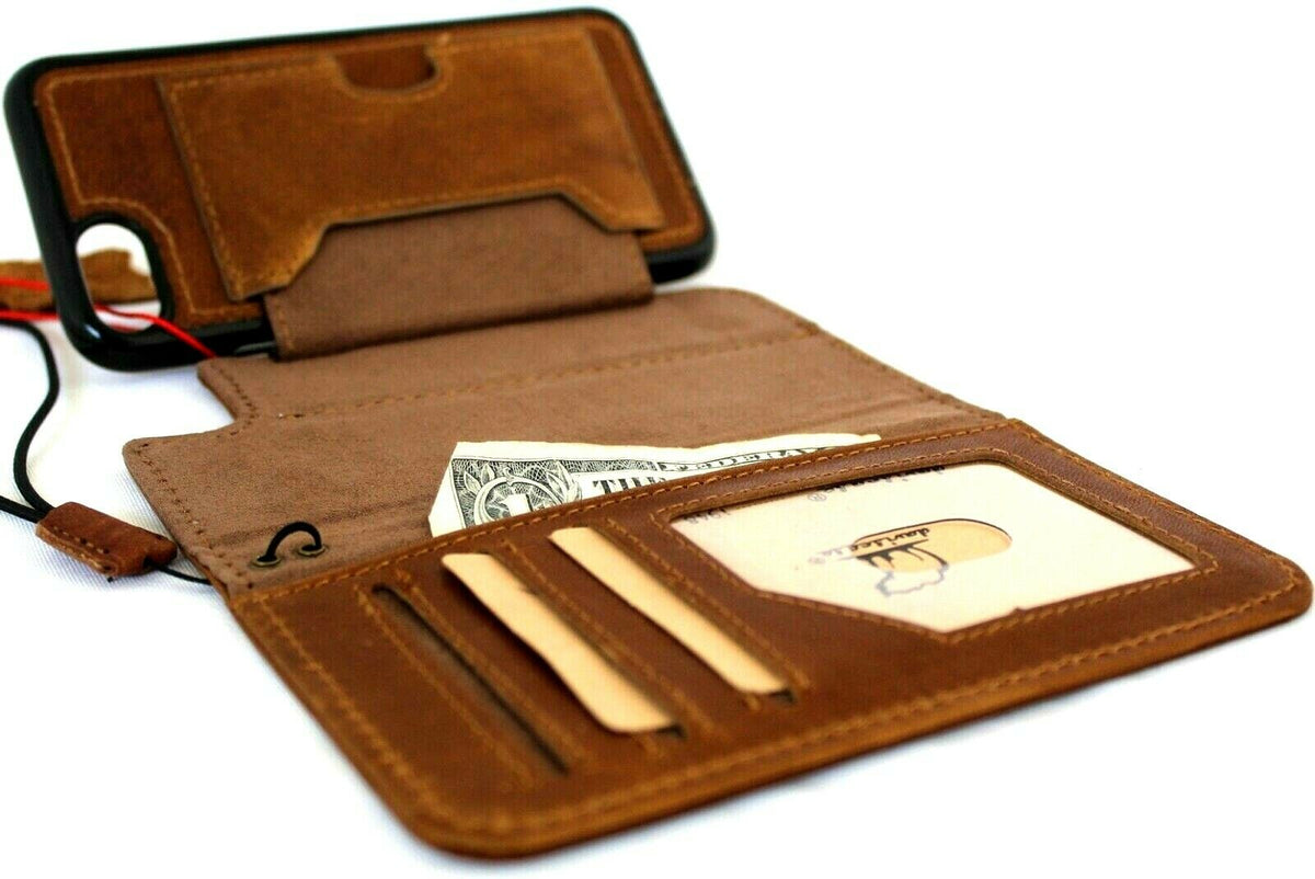 Genuine full tanned leather case for iPhone 8 with detachable cover, wallet slots, ID window, rubber holder, and strap for wireless charging