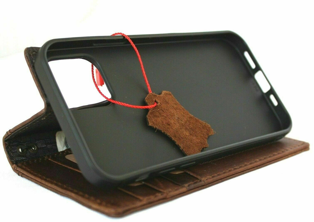 Handmade dark vintage leather iPhone 12 case with card slots, soft cover, top grain leather by DAVISCASE.