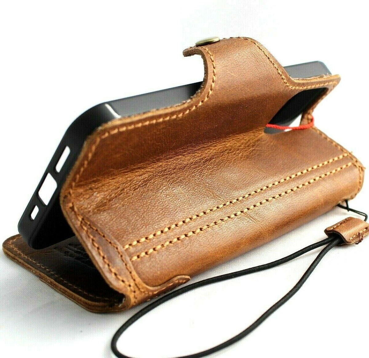 Handmade genuine leather wallet case for Apple iPhone 11 Pro Max by DAVISCASE with credit card slots and wireless charging strap.