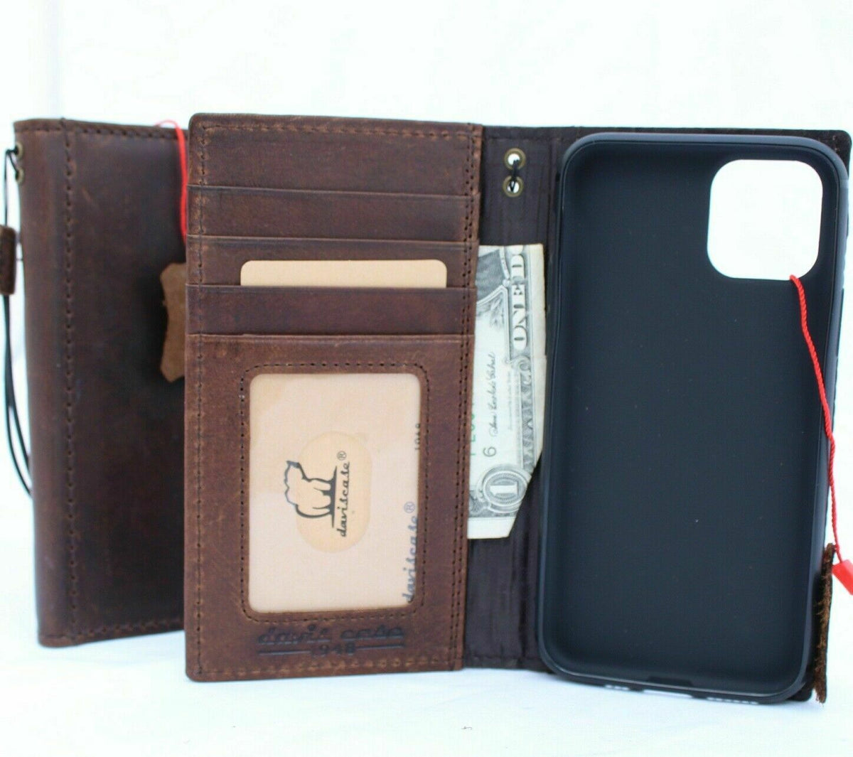 Vintage leather wallet case for Apple iPhone 11 Pro by DAVISCASE, featuring card slots and slim design with wireless charging compatibility.