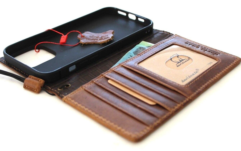 Handmade genuine leather phone case for iPhone 12-16 Pro Max, Tan style with embossed cross of Jesus, crafted by DAVISCASE.