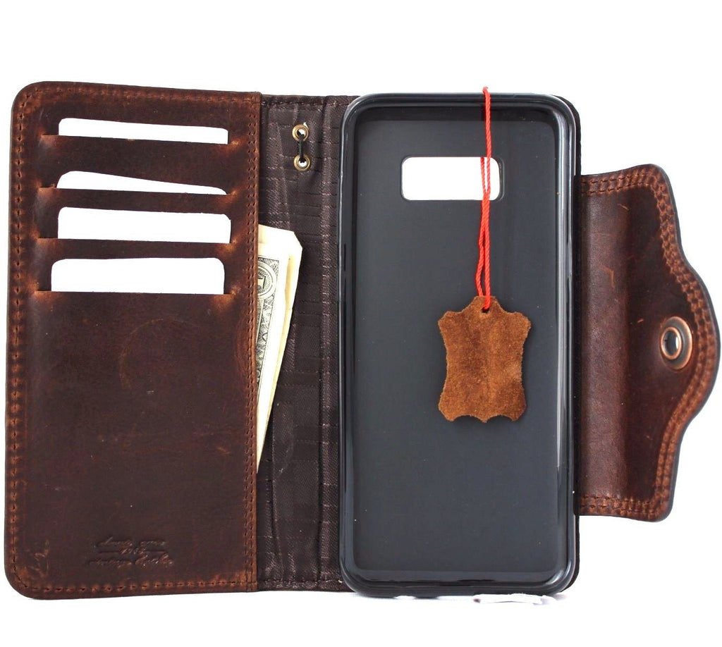 Vintage genuine leather Samsung Galaxy S8 Plus hard case with book wallet design and tic-tac bracket, handmade by vendor-unknown.