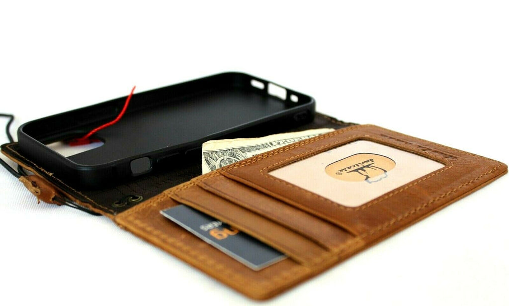 Genuine tan leather phone case for iPhone 12 Mini by DAVISCASE, vintage-style book wallet with ID window and credit card slots.