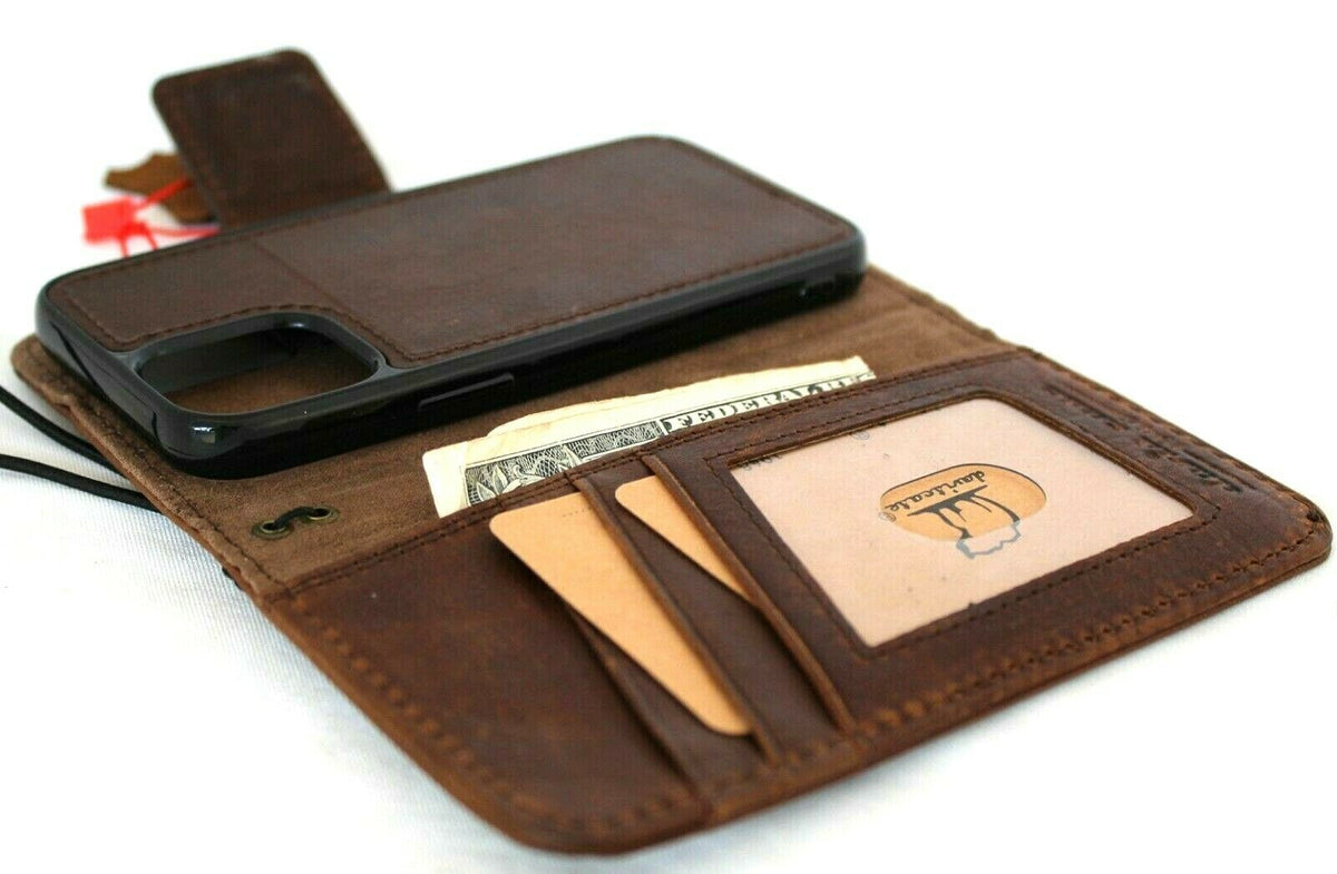 Handmade genuine dark leather phone case for Apple iPhone 12 Mini, vintage book wallet design with credit card slots by DAVISCASE.