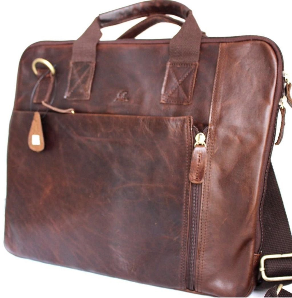 Genuine brown leather men's shoulder messenger bag by DAVISCASE, designed for crossbody carry and business laptops.