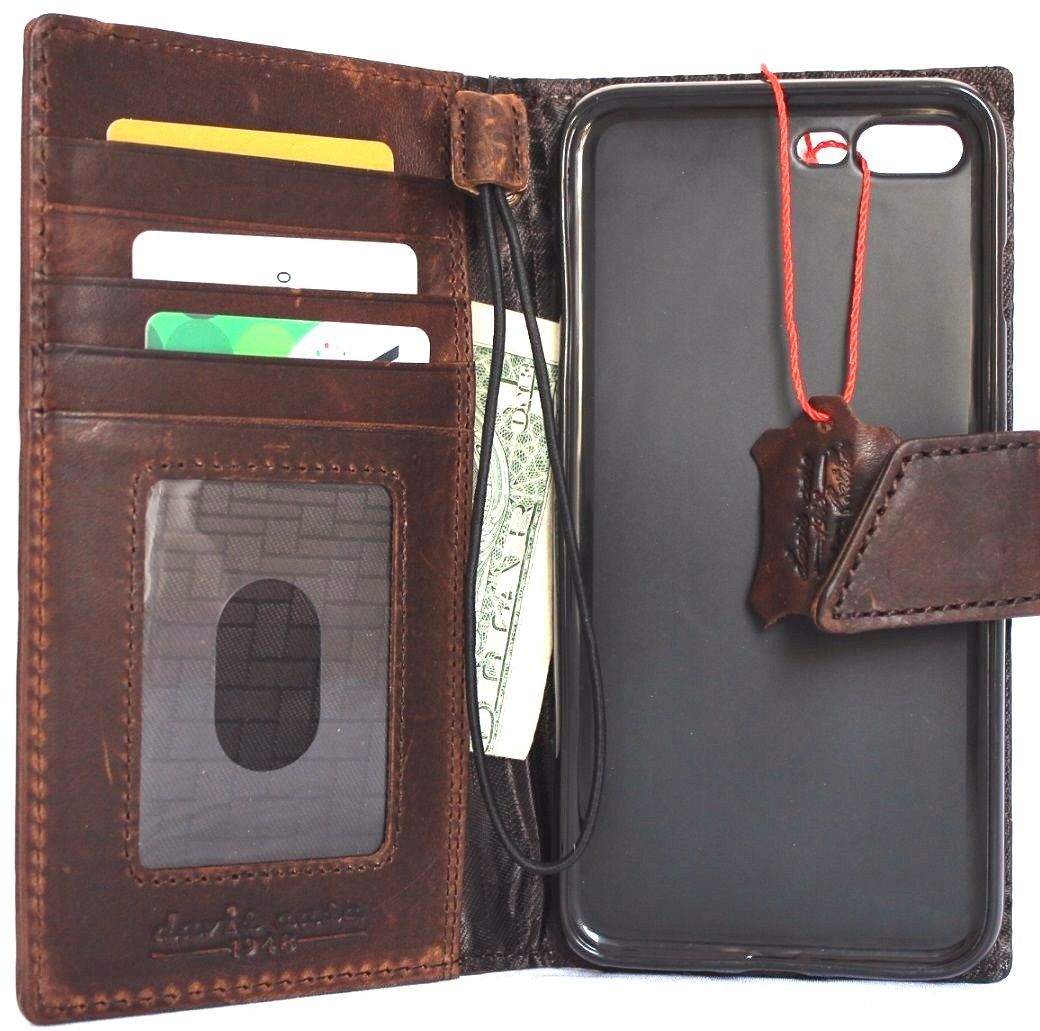Brown genuine leather iPhone 8 Plus wallet case with card slots, vintage style, slim design, magnetic closure by DAVISCASE