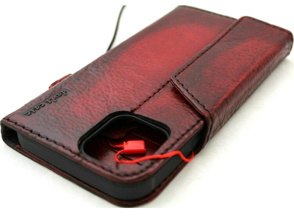 Wine red genuine leather wallet case for iPhone 12 Pro Max with card slots, handmade by DAVISCASE, soft cover and top grain leather.