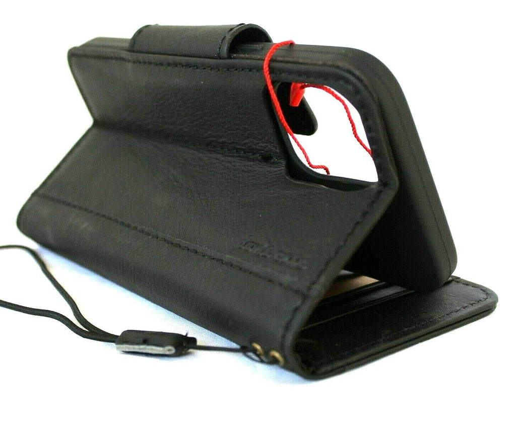 Black leather iPhone 12 Pro case with vintage book wallet design, soft magnetic closure, credit card slots, by DAVISCASE.
