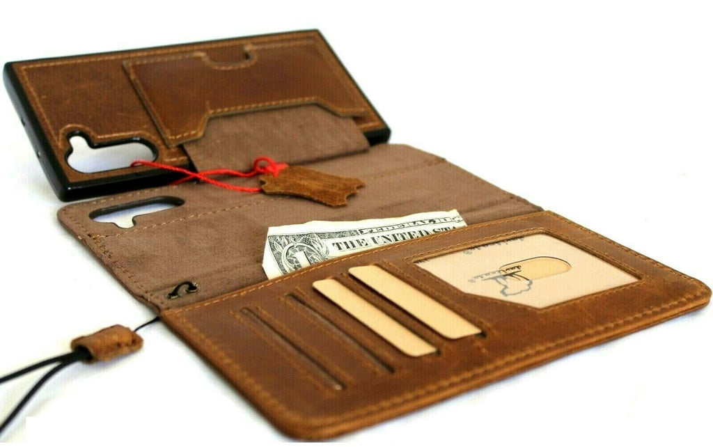 Handmade genuine full tanned leather wallet case for Samsung Galaxy Note 10 with window, slim stand, and wireless charging compatibility.