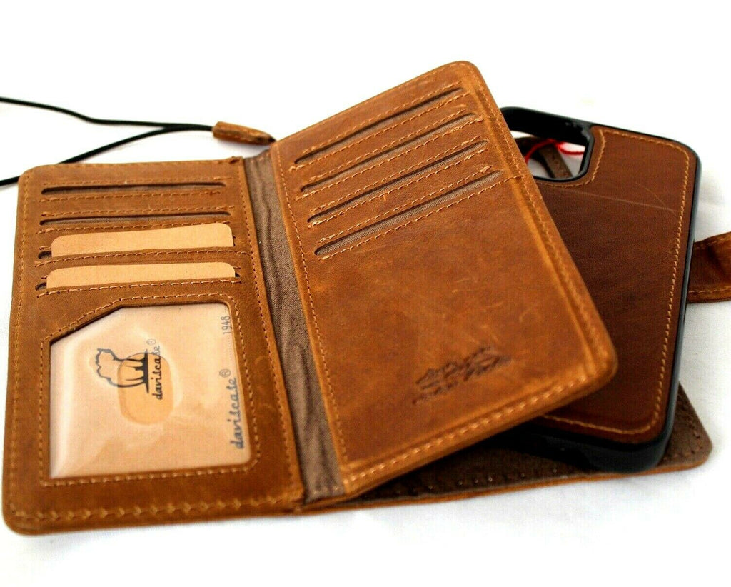 Genuine tan leather iPhone 12 Pro case with ID window, credit card slots, magnetic closure, handmade by DAVISCASE.
