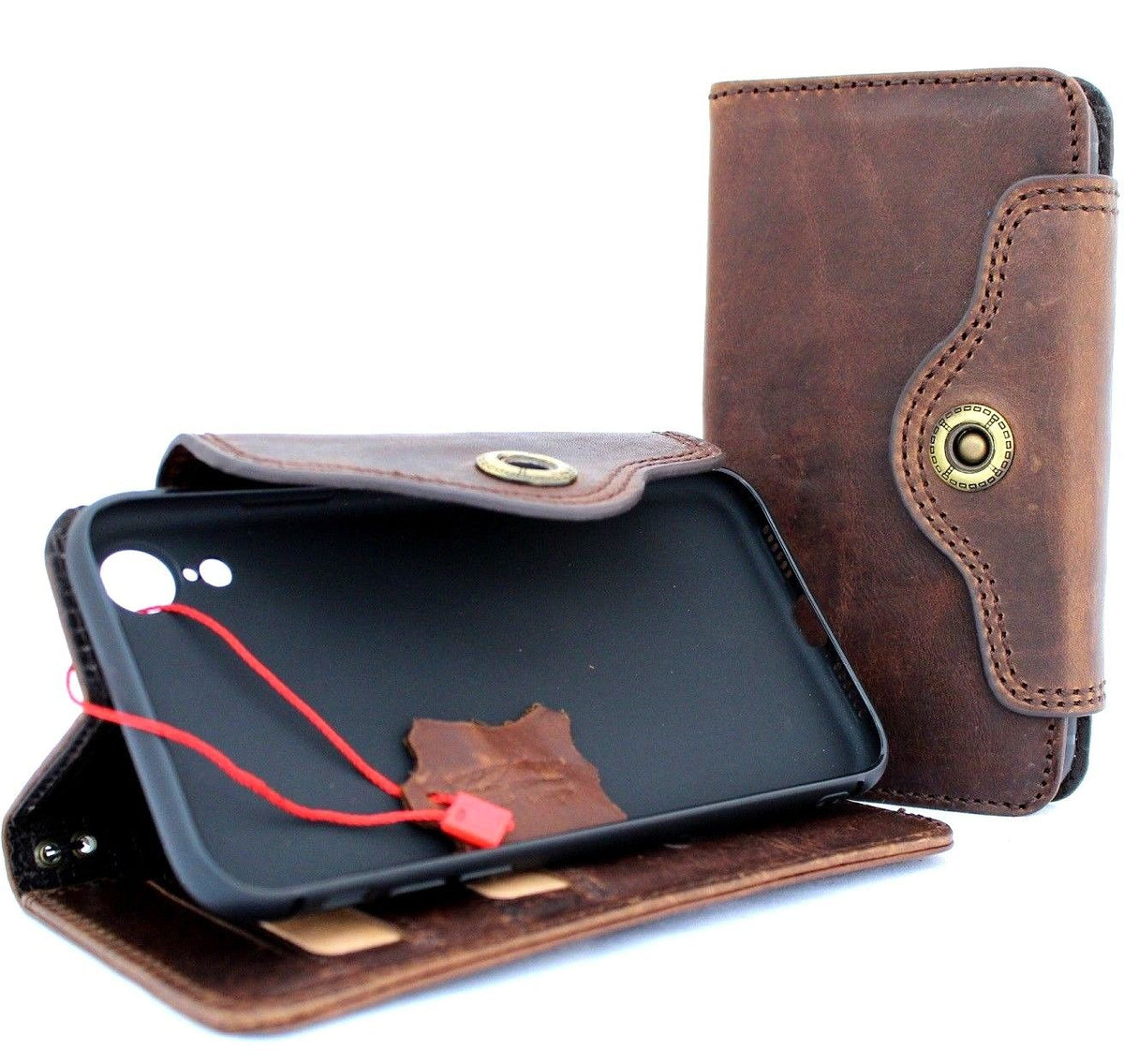 Vintage genuine leather iPhone XR case cover by DAVISCASE featuring a slim wallet design with soft, retro-style book holder.