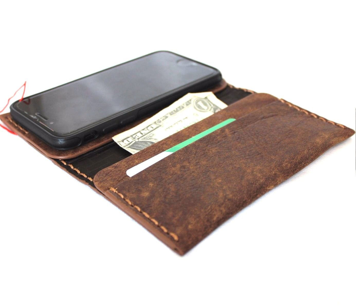 Genuine full leather handmade iPhone 8 case by DAVISCASE, vintage book wallet cover with card slots and soft wireless charging.