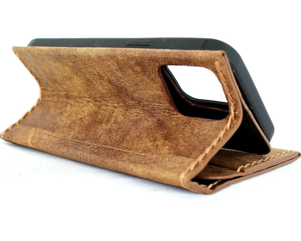 Handmade genuine soft leather iPhone 13 Pro Max wallet case by DAVISCASE with vintage design and full grain leather.