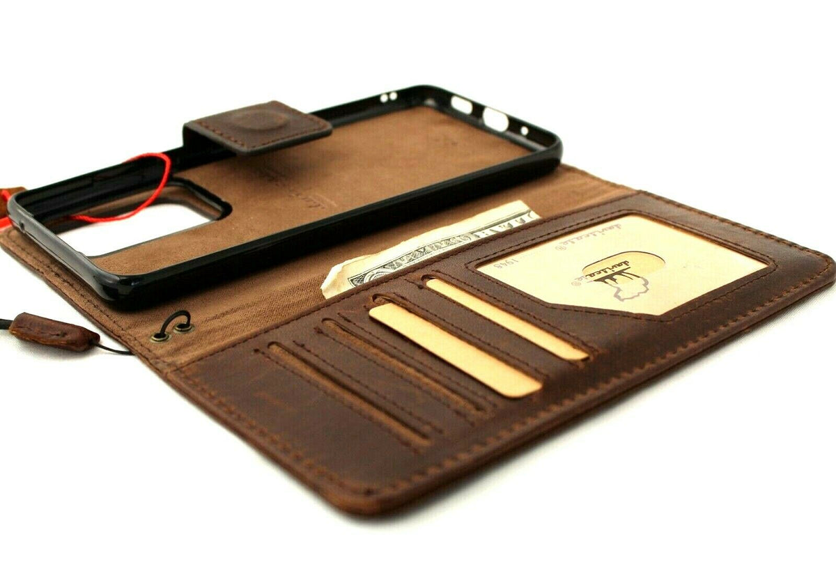 Genuine leather phone case for Samsung Galaxy Note 20 Ultra with wallet slots, removable holder, and rubber window by DAVISCASE.