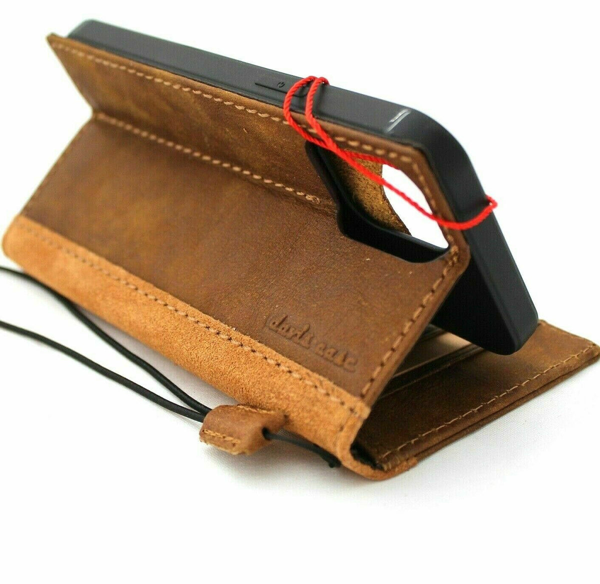 Handmade genuine soft leather phone case for iPhone 12 Pro by DAVISCASE, featuring vintage suede style, ID window, and card slots.