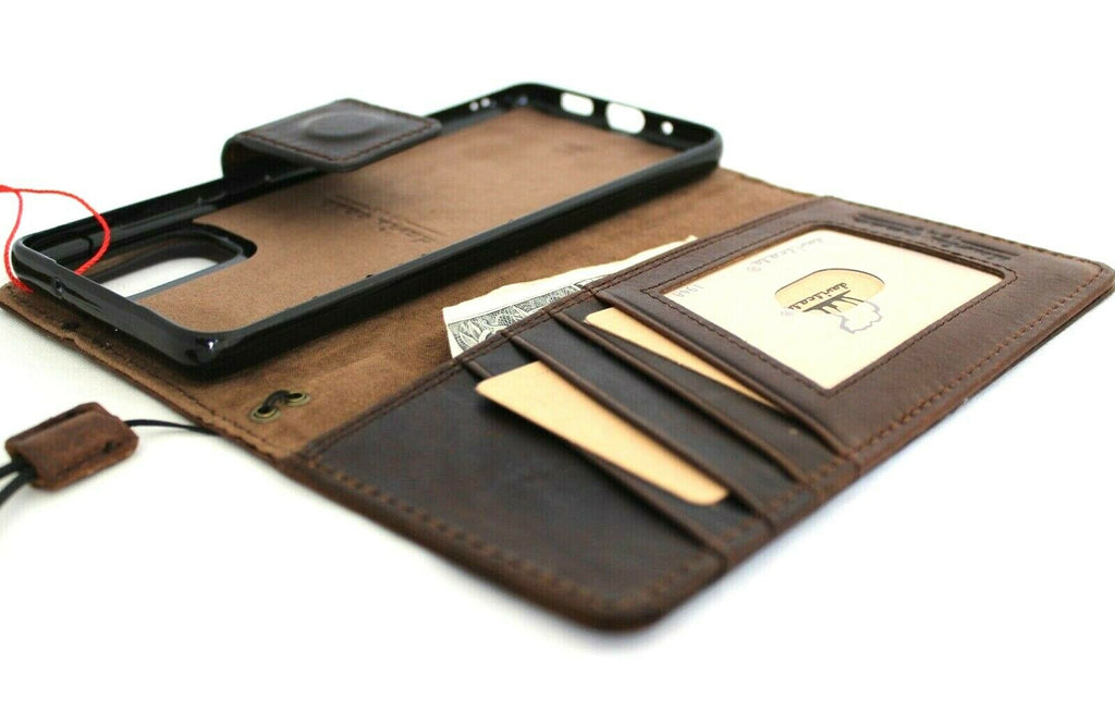Genuine full leather Samsung Galaxy S20 Plus case by DAVISCASE with card slots, magnetic stand, and slim wallet design.