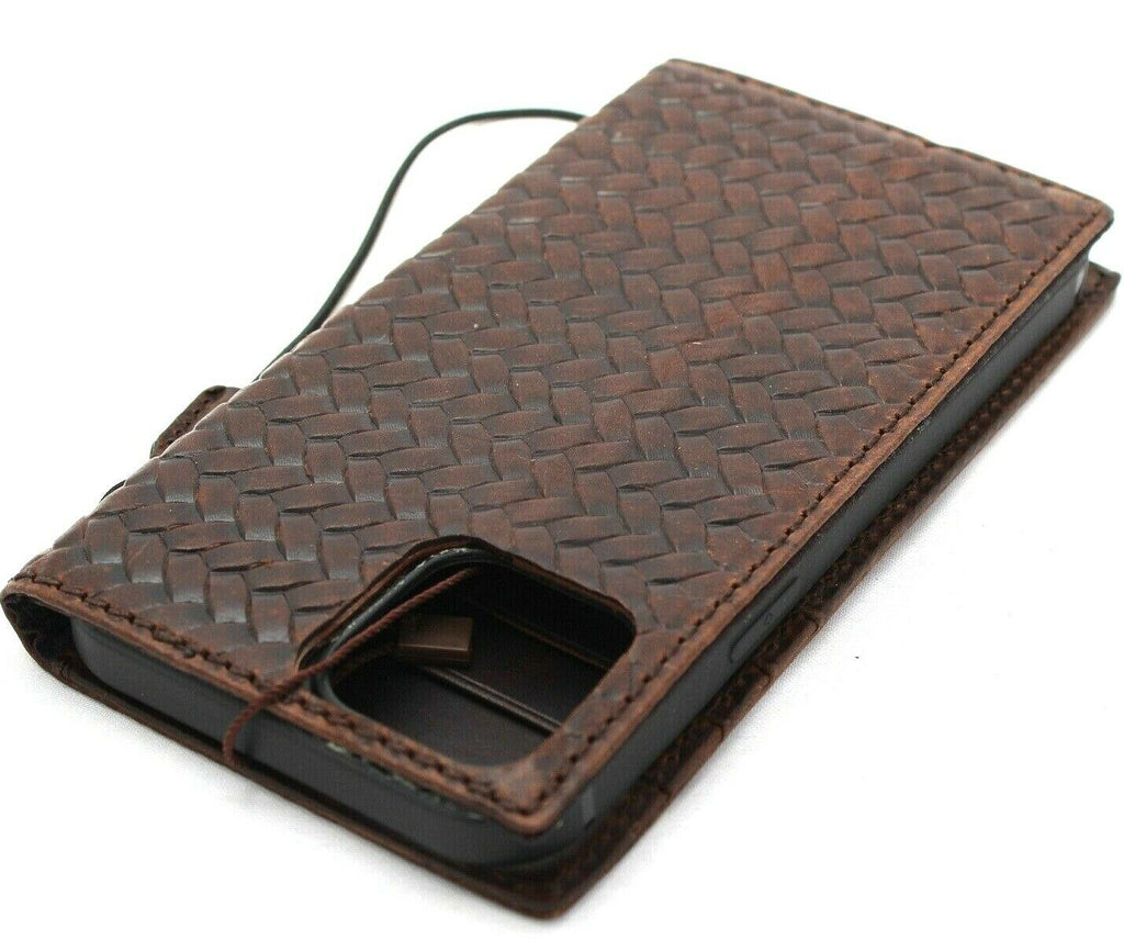 Dark leather Apple iPhone 12 Pro Max case with vintage book wallet design, ID window, credit card slots, soft slim cover by DAVISCASE.