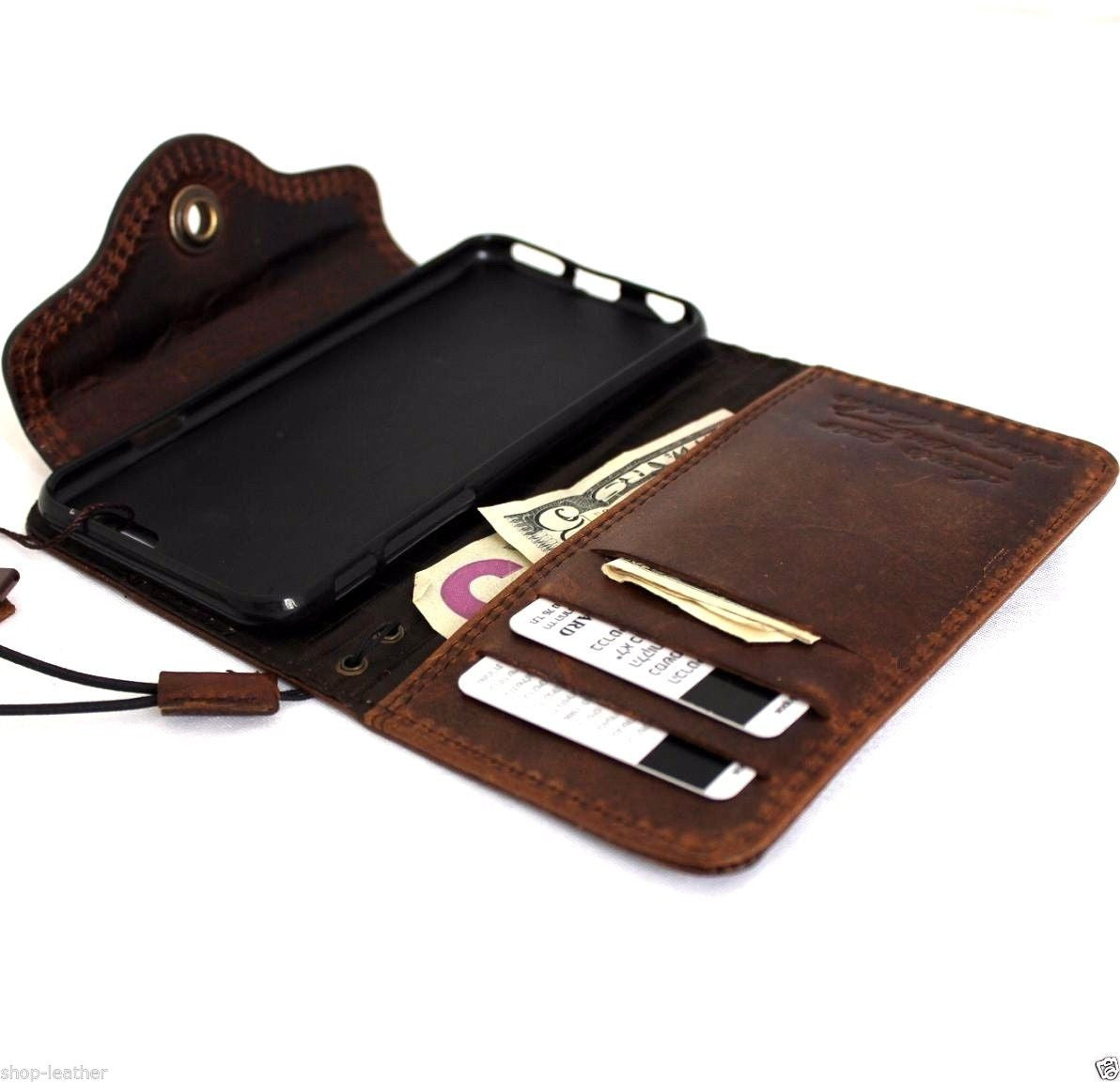 Handmade genuine Italian leather iPhone 6/6s wallet case with credit card holder and secure cover, designed for phone protection.