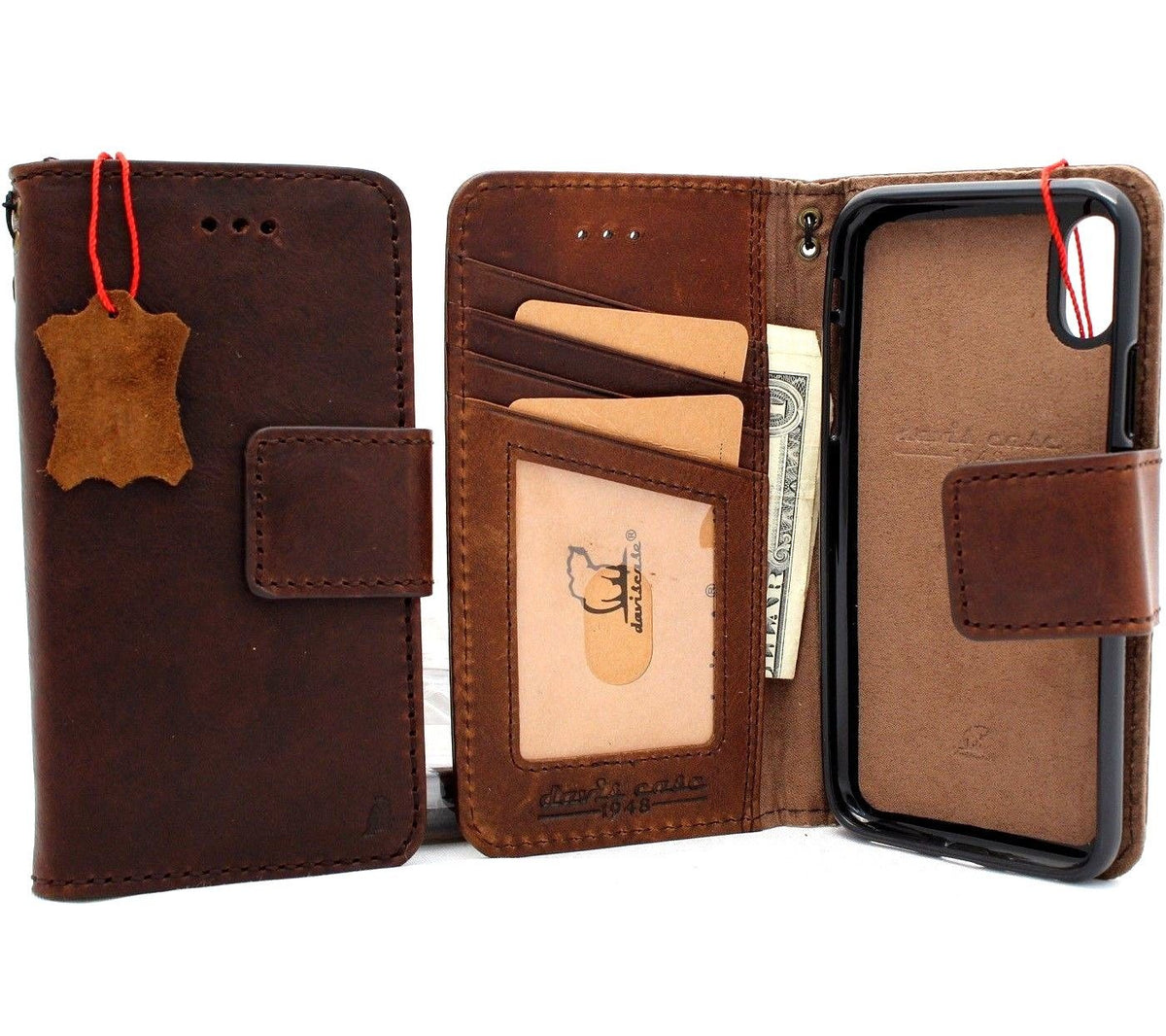 Handmade vintage tan leather iPhone XS Max case with magnetic wallet and credit holder, slim, removable, and detachable design.