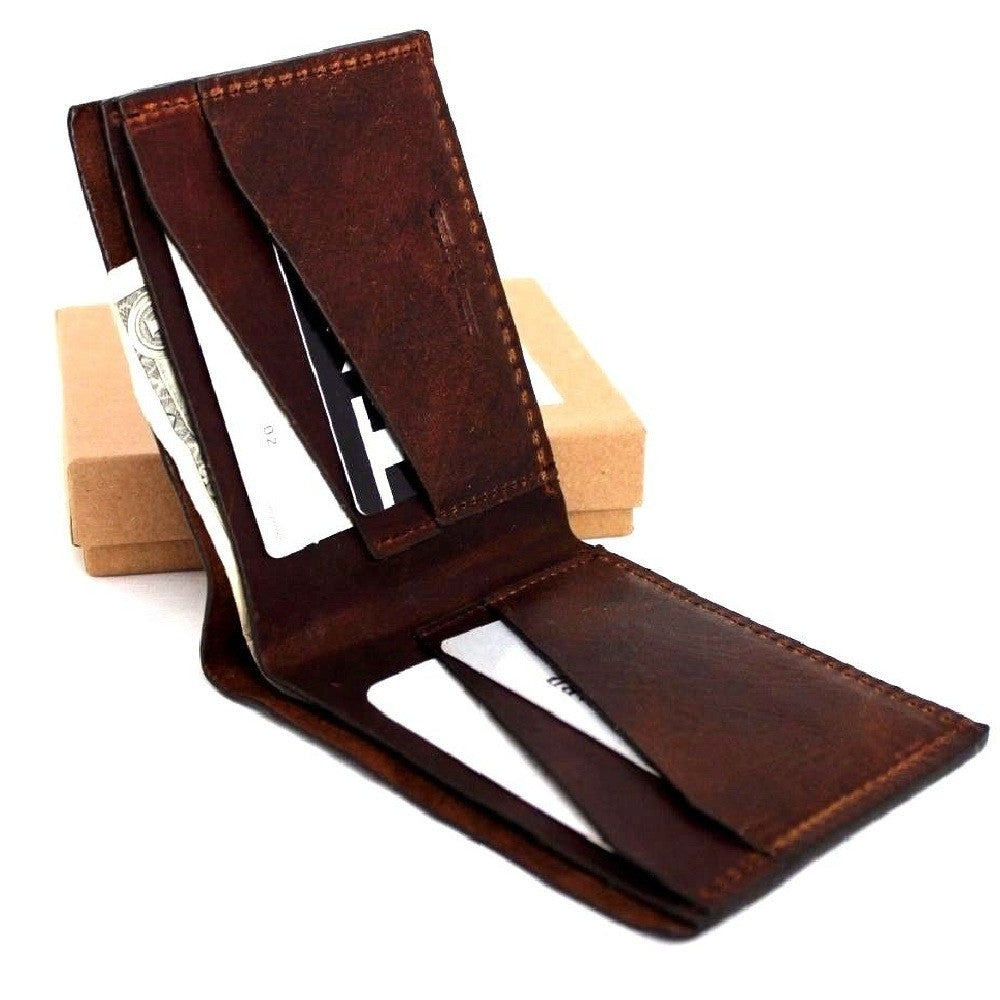 Men's brown DAVISCASE leather wallet with 4 credit card slots and a bill compartment, slim and handmade.