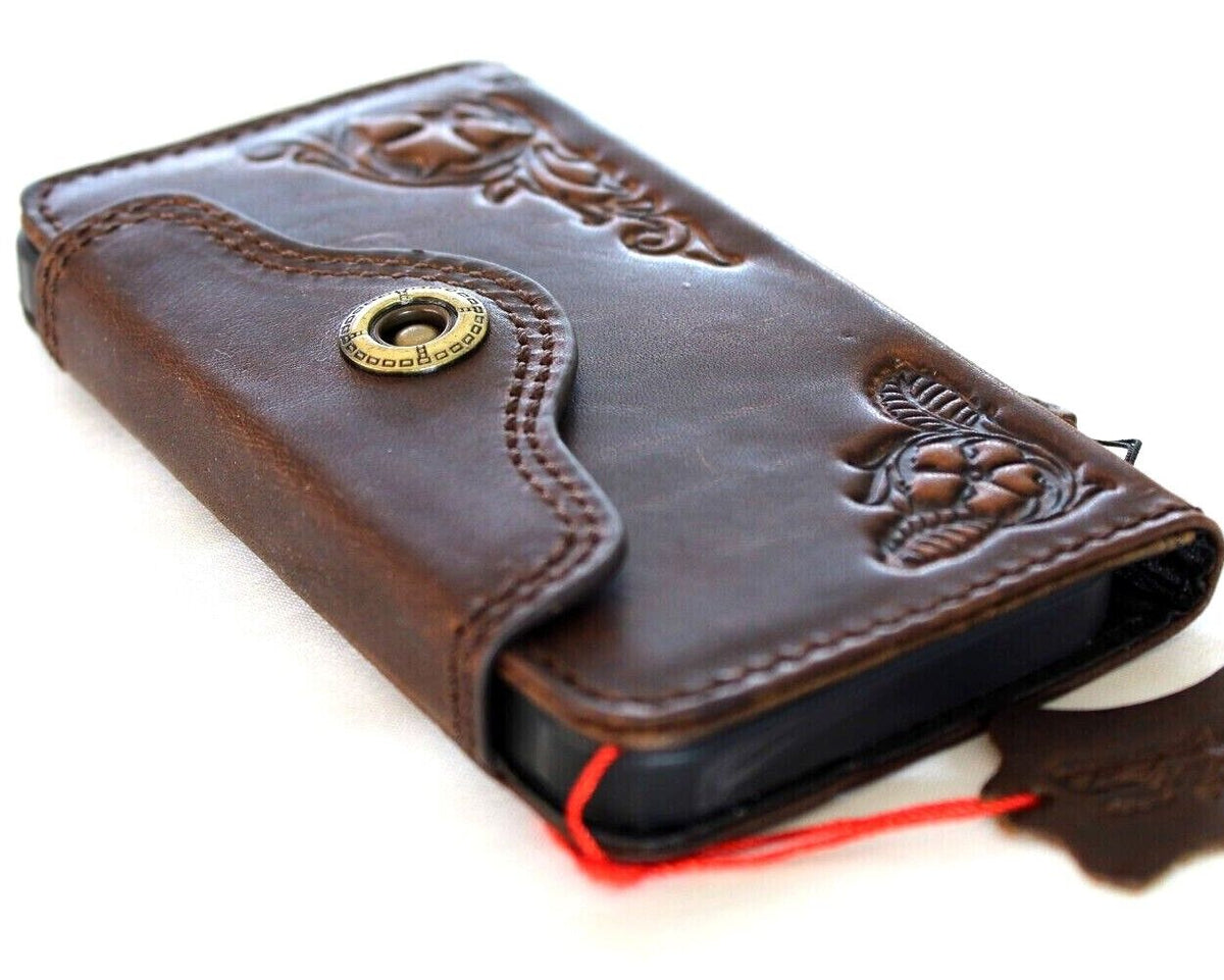 Handmade genuine leather phone case by DAVISCASE for iPhone 11-15 Pro Max, vintage book design with stamping, full grain leather.