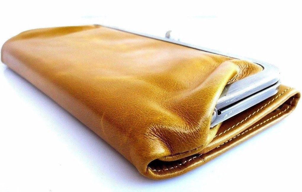 Yellow genuine leather women's wallet by DAVISCASE with card slots, clutch style, and coin bag details.