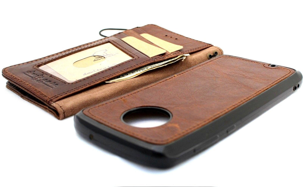 Genuine full leather phone case for Motorola Moto G6 Plus with removable wallet skin clip and magnetic closure.