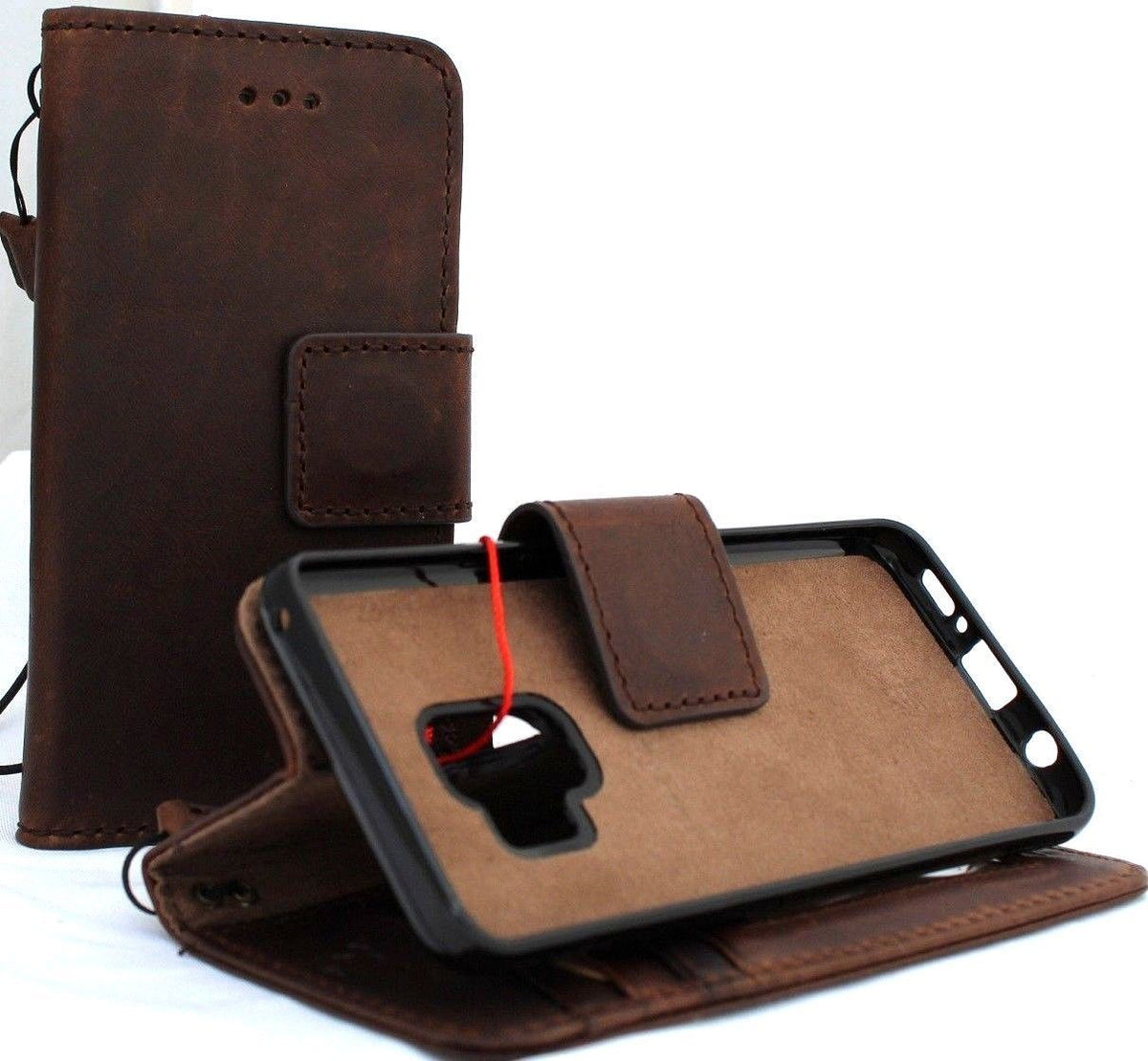 Genuine leather Samsung Galaxy S9 wallet case by DAVISCASE with card slots, detachable window, vintage slim design.