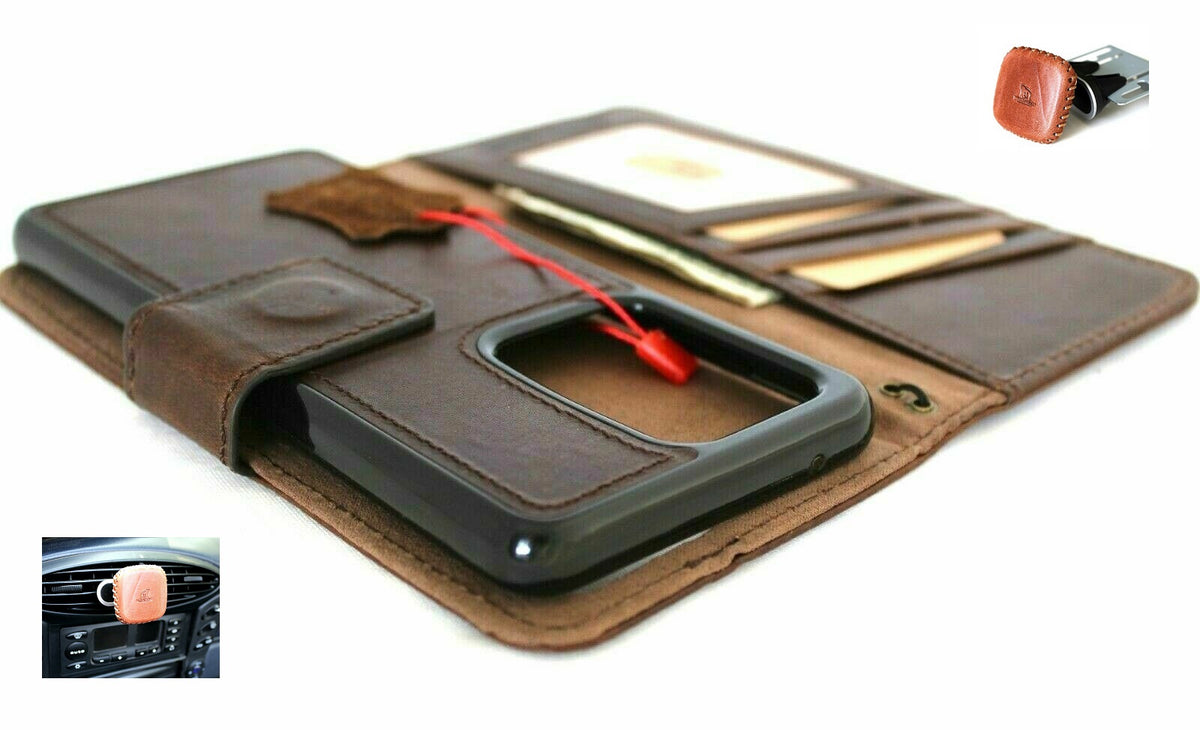 Genuine dark leather Samsung Galaxy Note 20 Ultra case with wallet, card slots, magnetic closure, and detachable holder by DAVISCASE
