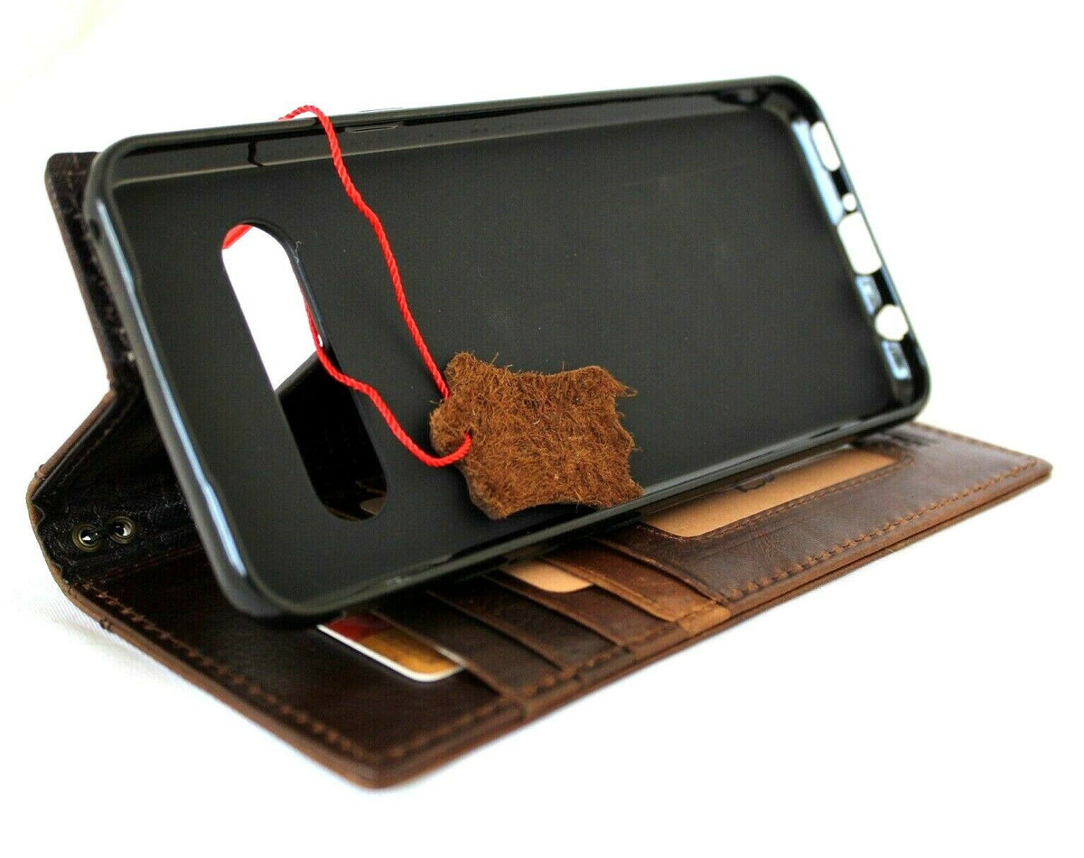 Handmade dark brown leather LG V60 phone case with card slots, vintage style DavisCase slim book wallet cover.