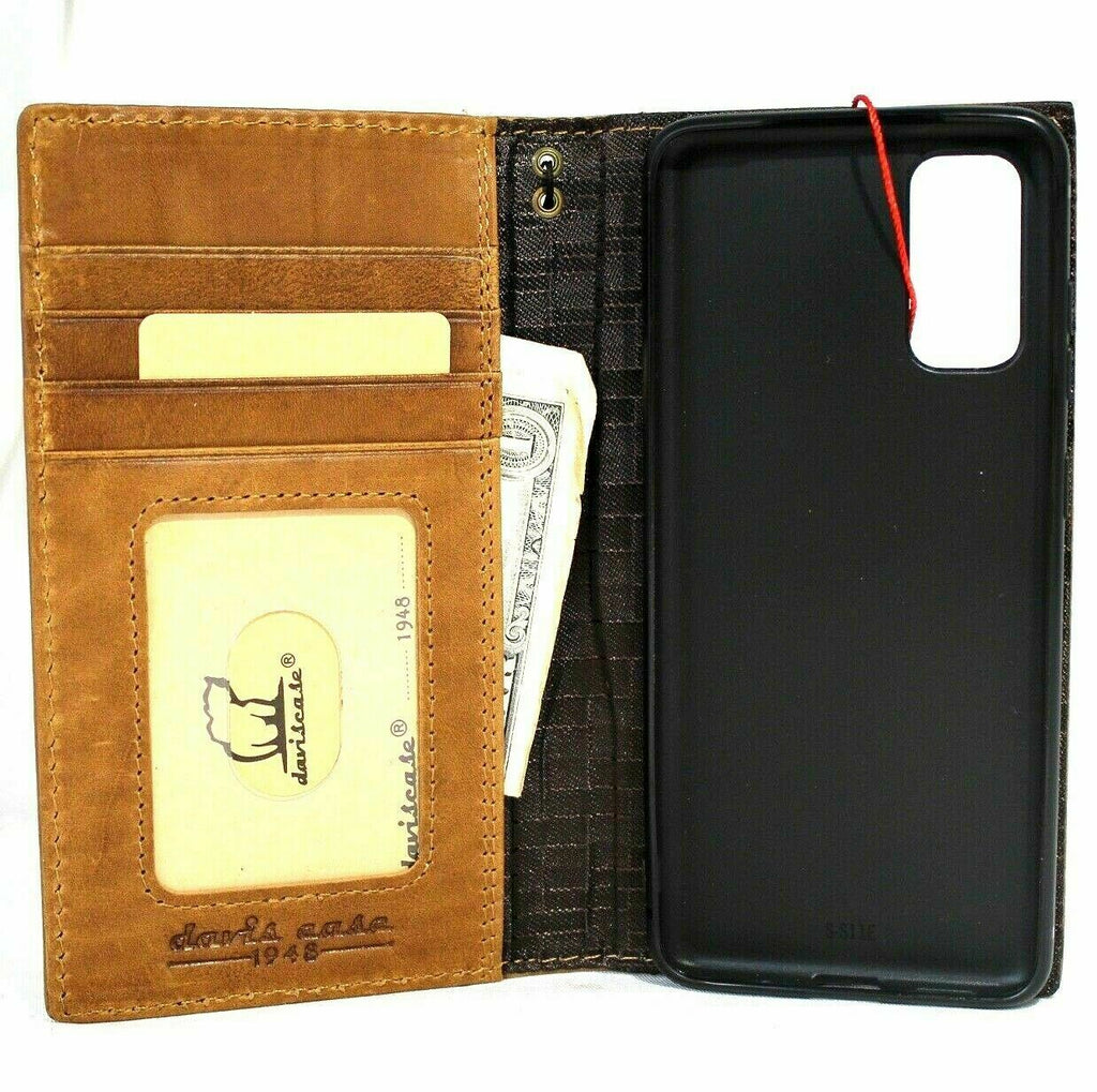 DavisCase genuine leather Bible tan wallet case for Samsung Galaxy S20 with card slots, wireless charging holder, and ID window.