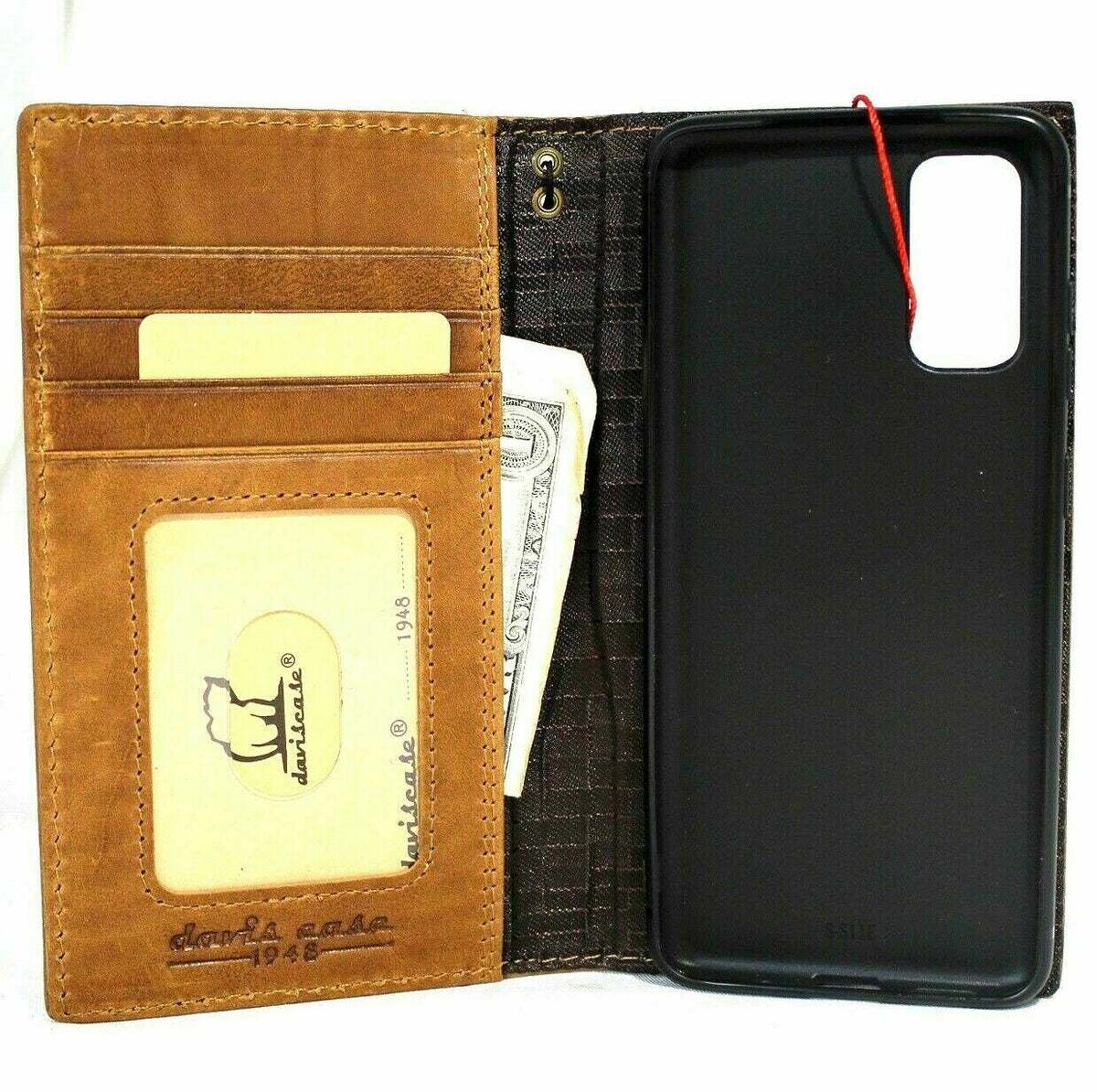 DavisCase genuine leather Bible tan wallet case for Samsung Galaxy S20 with card slots, wireless charging holder, and ID window.