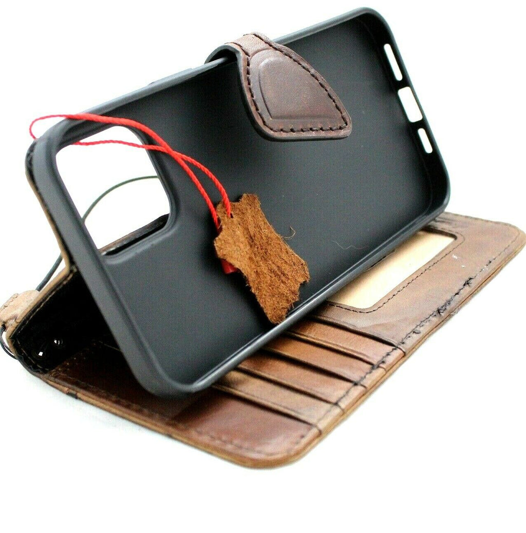 Handmade genuine leather phone case for iPhone 15 to 8 Plus, vintage style with credit card slots and magnetic closure.