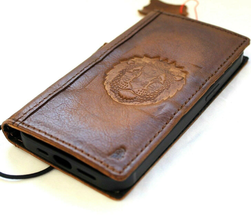 Leather phone wallet case for iPhone 11-15 Pro Max by DAVISCASE, vintage handcrafted full grain leather with lion and tiger stamped design.